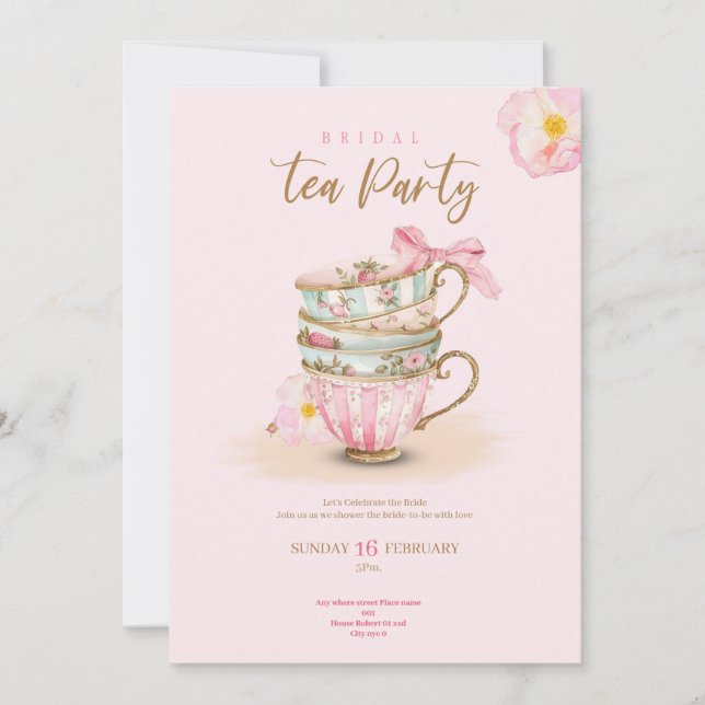 Convites Pink roses tea party bridal shower chic invitation (Frente)