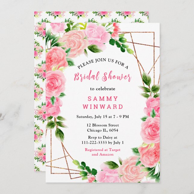 Convites Pink Roses with Foliage Bridal Shower (Frente/Verso)