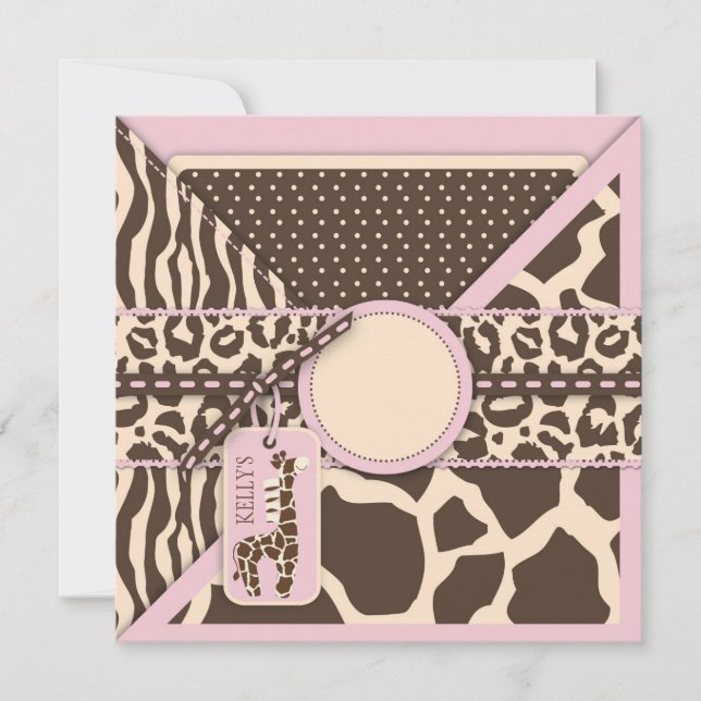 Convites Pink Safari Giraffe & Cupcake Segundo Aniversário (Frente)
