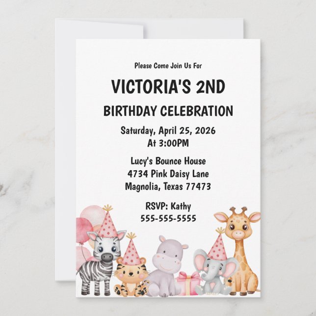 Convites Pink Safari Selgle Animal Birthday (Frente)