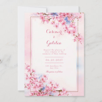 Convites Pink Sakura Blue Watercolor Bronze Frame Wedding