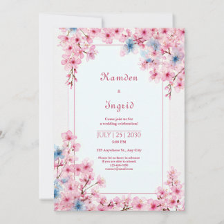 Convites Pink Sakura Periwinkle Blue Romantic Frame Wedding