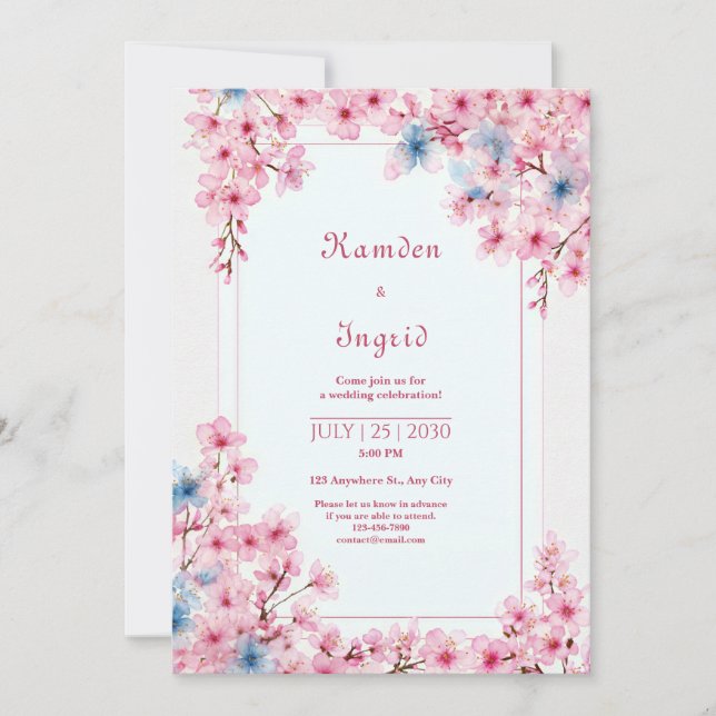 Convites Pink Sakura Periwinkle Blue Romantic Frame Wedding (Frente)