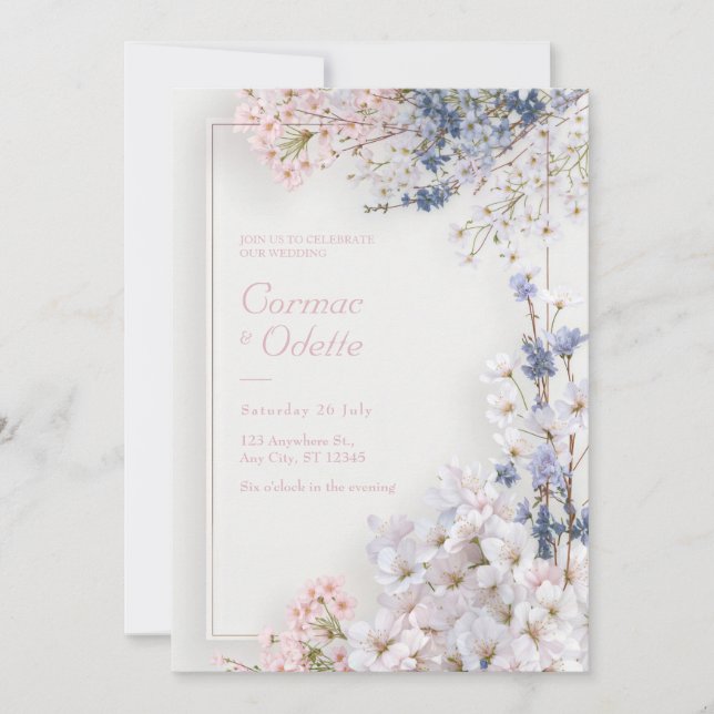 Convites Pink Sakura Romantic Minimalist Frame Wedding (Frente)