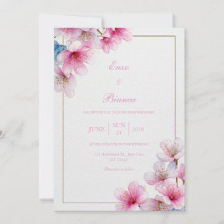 Convites Pink Sakura Textured Paper Gold Frame Wedding