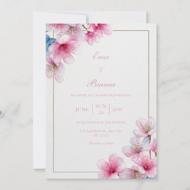Convites Pink Sakura Textured Paper Gold Frame Wedding (Frente)