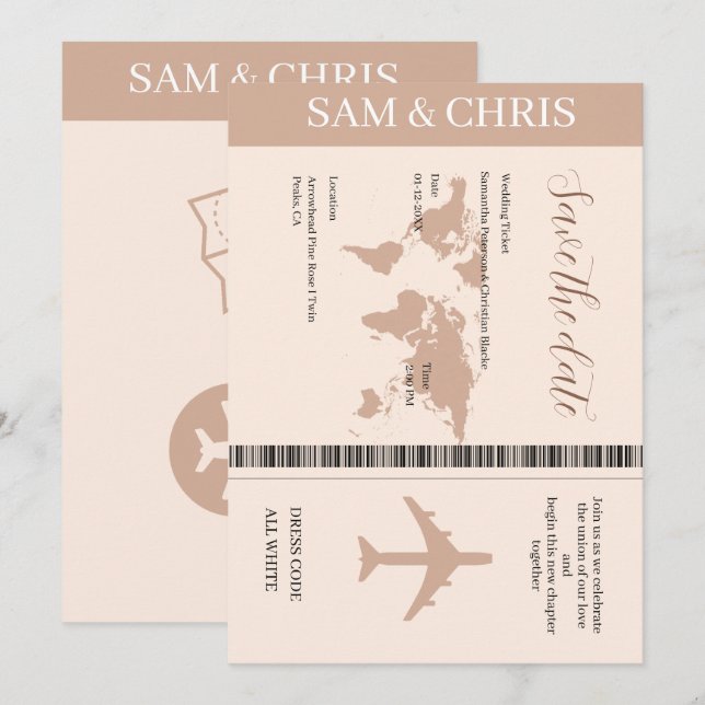 Convites Pink Salmon Boarding Pass World Map Travel (Frente/Verso)