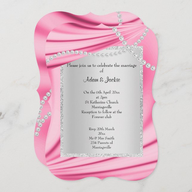 CONVITES PINK SATIN, DIAMANTES E PEARLS, CASAMENTO ELEGANTE (Frente/Verso)