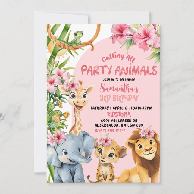 Convites Pink Savannah Calling All Party Animals Birthday (Frente)