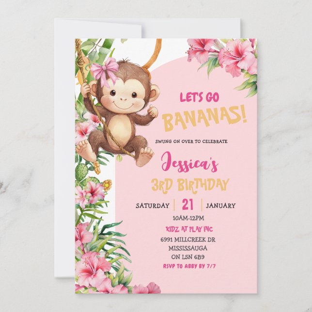 Convites Pink Savannah Monkey Let's Go Bananas Birthday (Frente)