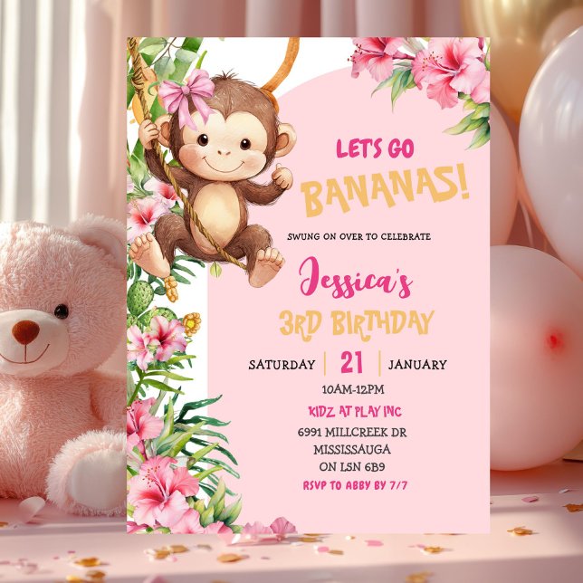Convites Pink Savannah Monkey Let's Go Bananas Birthday (Criador carregado)