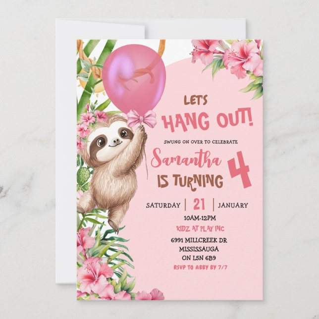 Convites Pink Savannah Sloth Let's Hang Out Birthday (Frente)