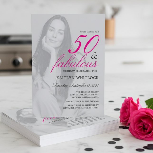 Convites Pink Script 50 and Fabulous Photo Birthday Party (modern elegant fifty and fabulous pink birthday party invitation with full photo for 50th birthday)