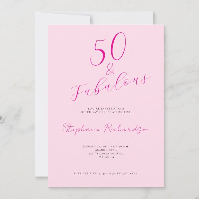 Convites Pink Script Fifty and Fabulous 50th Birthday Party (Frente)