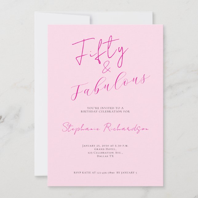 Convites Pink Script Fifty and Fabulous 50th Birthday Party (Frente)