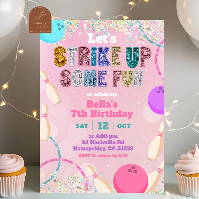 Convites Pink Sequin Glitter Bowling Party Invitation (Criador carregado)