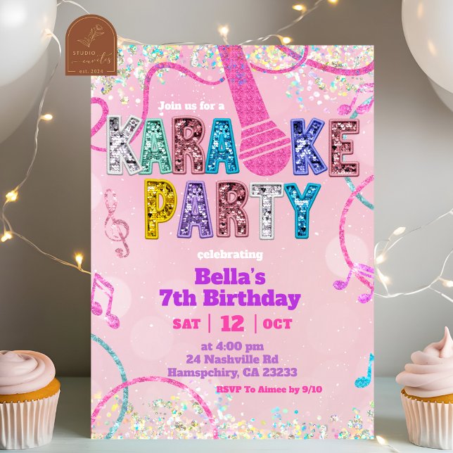 Convites Pink Sequin Glitter Karaoke Party Birthday Invitat (Criador carregado)