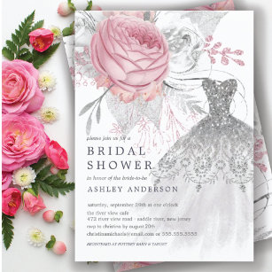 Convites Pink & Silver Floral Wedding Dress Bridal Shower