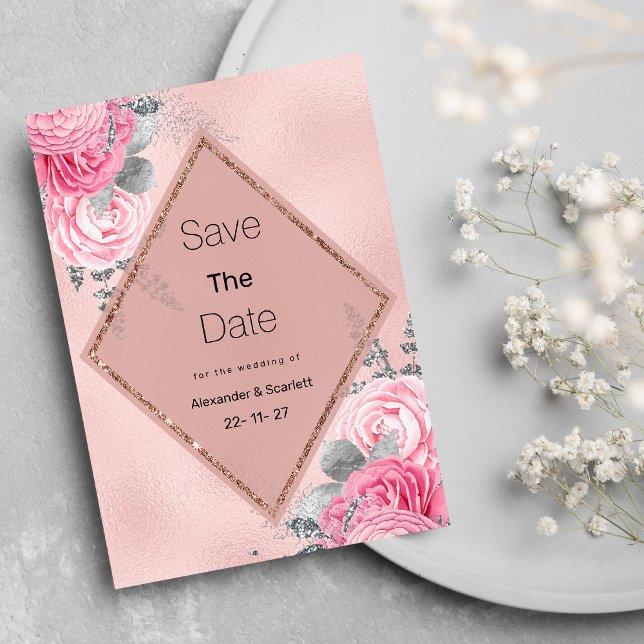 Convites Pink silver glitter peony floral Save The Date (Pink silver glitter peony floral Save The Date )