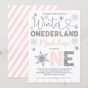 Convites Pink Silver Glitter Winter Onederland Birday