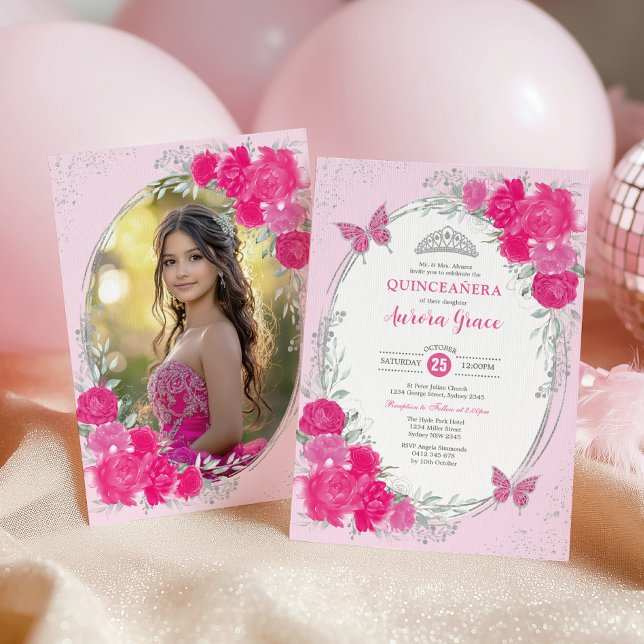 Convites Pink Silver Quinceañera Flower 15th Birthday Photo (Criador carregado)