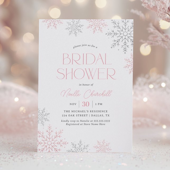 Convites Pink Silver Snowflake Winter Bridal Shower (Criador carregado)