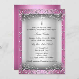 Convites Pink Silver Swirl & Cross Baptism/Christening