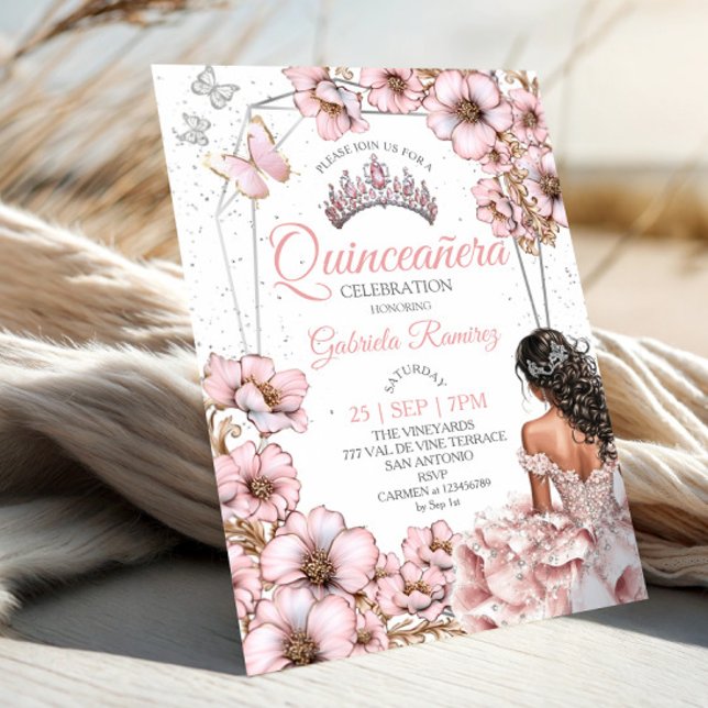 Convites Pink Silver Tiara Floral Butterfly Quinceañera (Criador carregado)
