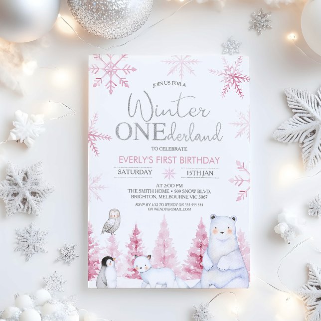 Convites Pink Silver Winter Animals Onederland Birthday (Winter Onederland Birthday Invitations Girl, Arctic Animals Winter Onederland Invitation, Pink )