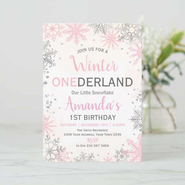 Convites Pink Silver Winter ONEderland Birthday Invitation (Em pé/Frente)