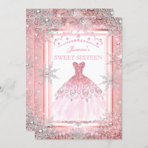 Convites Pink Silver Winter Wonderland Sweet 16 Birthday