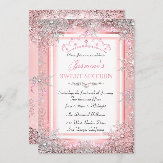 Convites Pink Silver Winter Wonderland Sweet 16 Party (Frente/Verso)