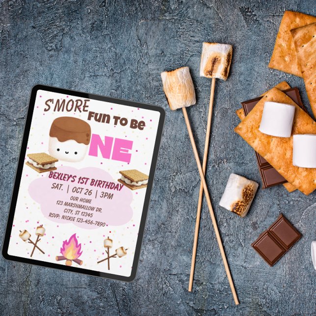 Convites Pink, S'more Fun to be One, 1st Birthday (Criador carregado)
