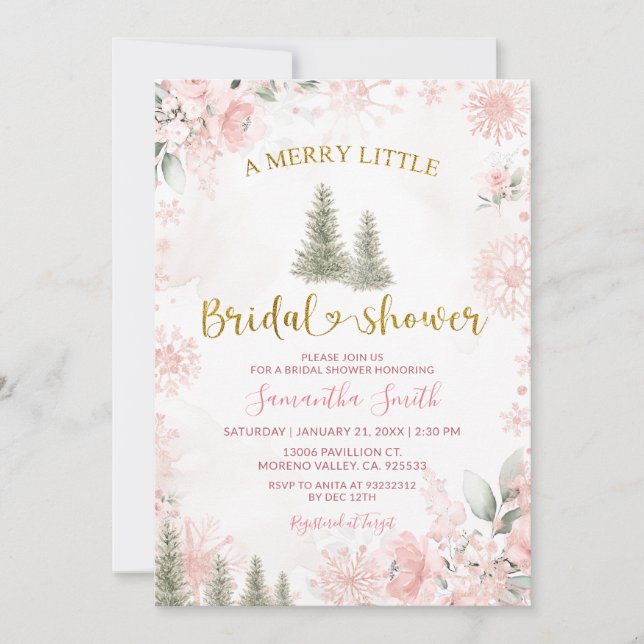 Convites Pink Snowflake Winter A Merry Little Bridal Shower (Frente)