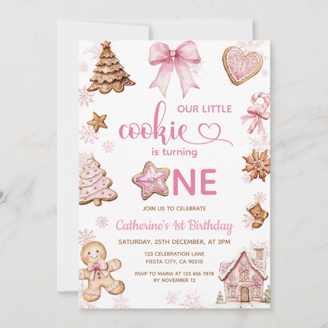 Convites Pink Snowflakes Gingerbread Christmas 1st Birthday (Frente)