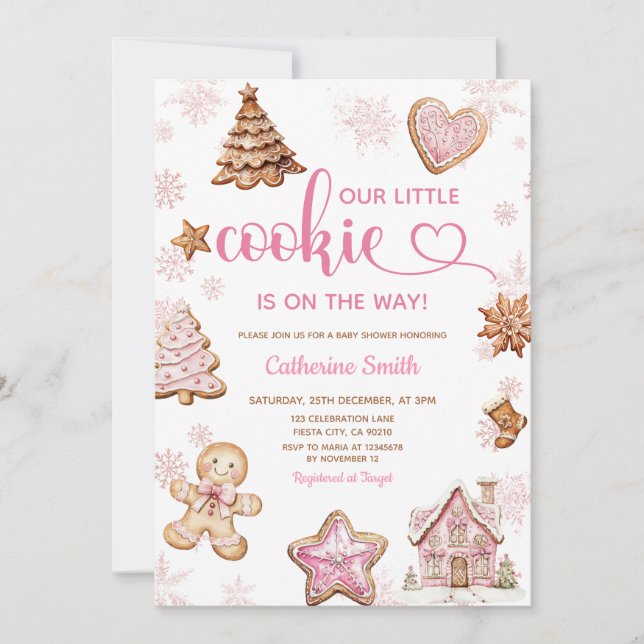 Convites Pink Snowflakes Gingerbread Christmas Baby Shower (Frente)