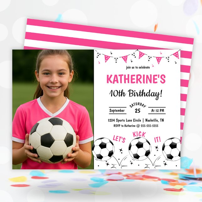 Convites Pink Soccer Photo Birthday (Pink Soccer Photo Birthday Invitation)