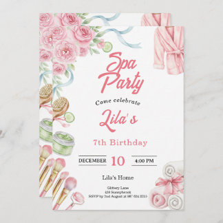 Convites Pink Spa Party Invitation for Girl's 7th Birthday