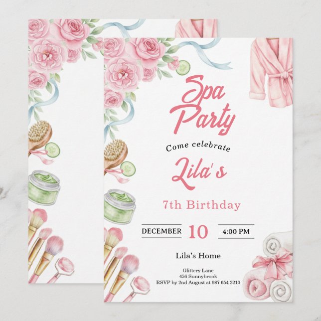 Convites Pink Spa Party Invitation for Girl's 7th Birthday (Frente/Verso)