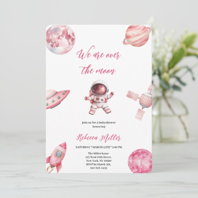 CONVITES PINK SPACE BABYSHOWER INVITATION (Em pé/Frente)