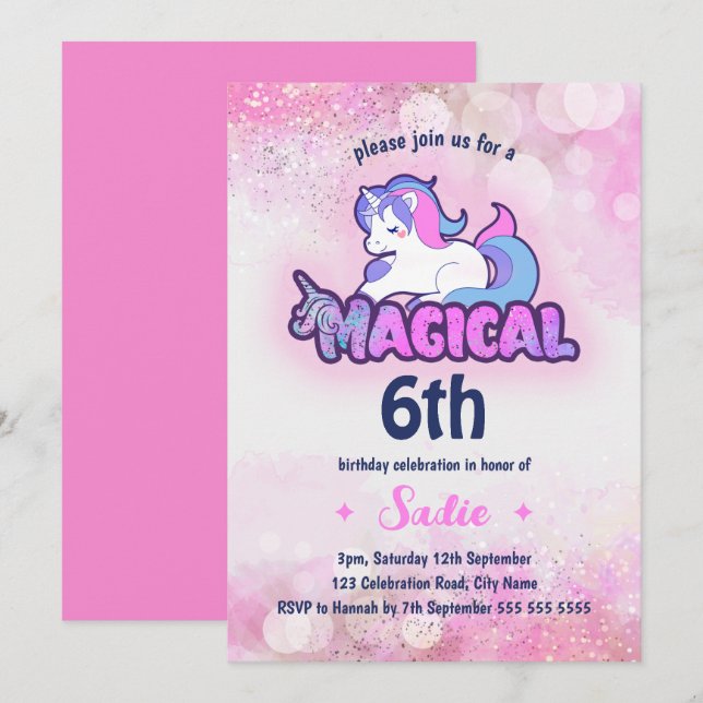 Convites Pink Sparkle Magical Any Age 6 Birthday (Frente/Verso)