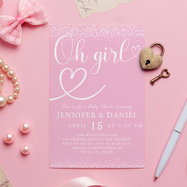 Convites Pink Sparkle Oh Girl Script Heart Cute (Criador carregado)