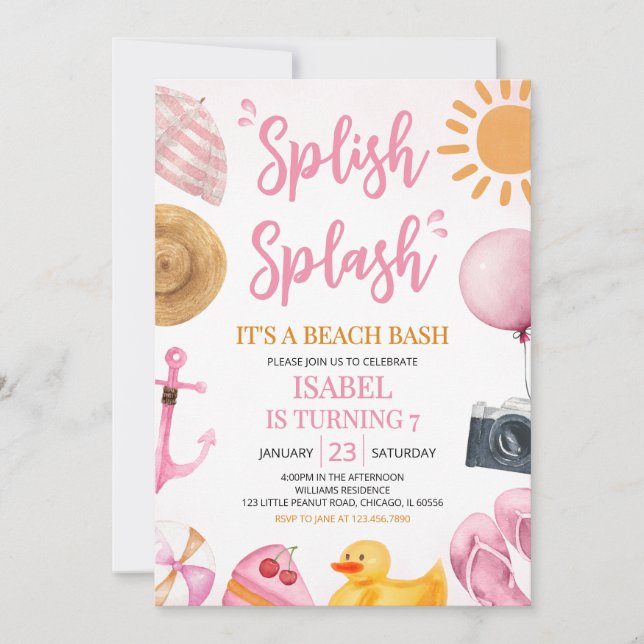 Convites Pink Splash Beach Bash Aniversário (Frente)