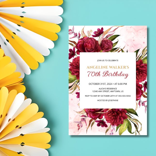 Convites Pink Splash Burgundy Dahlia Rosa Birthday (Criador carregado)