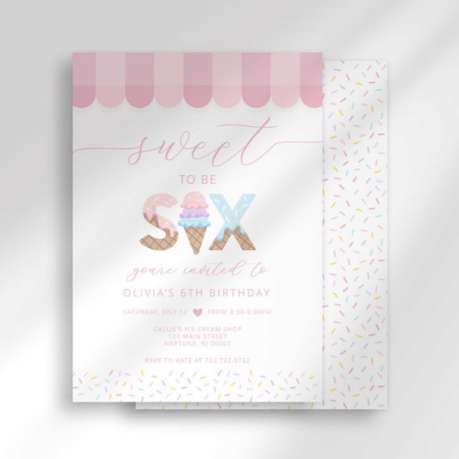 Convites Pink Sprinkles Sweet to be 6 Ice Cream Birthday (Criador carregado)