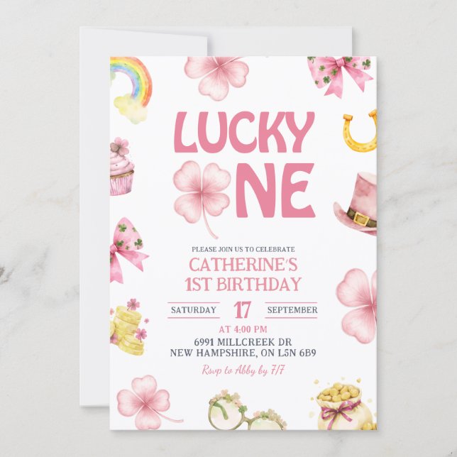 Convites Pink St Patrick Lucky One Kids First Birthday (Frente)