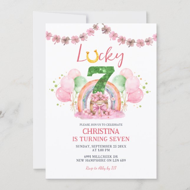 Convites Pink St Patrick Lucky Seven Birthday Invitation (Frente)