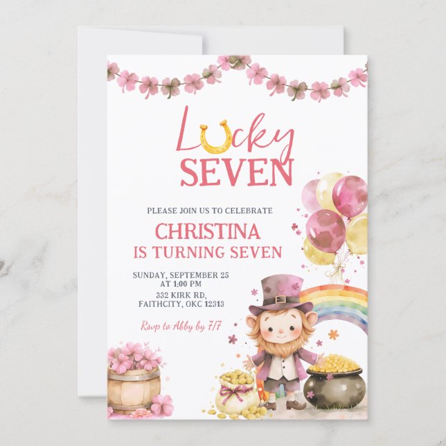 Convites Pink St Patrick Lucky Seven Birthday Invitation (Frente)