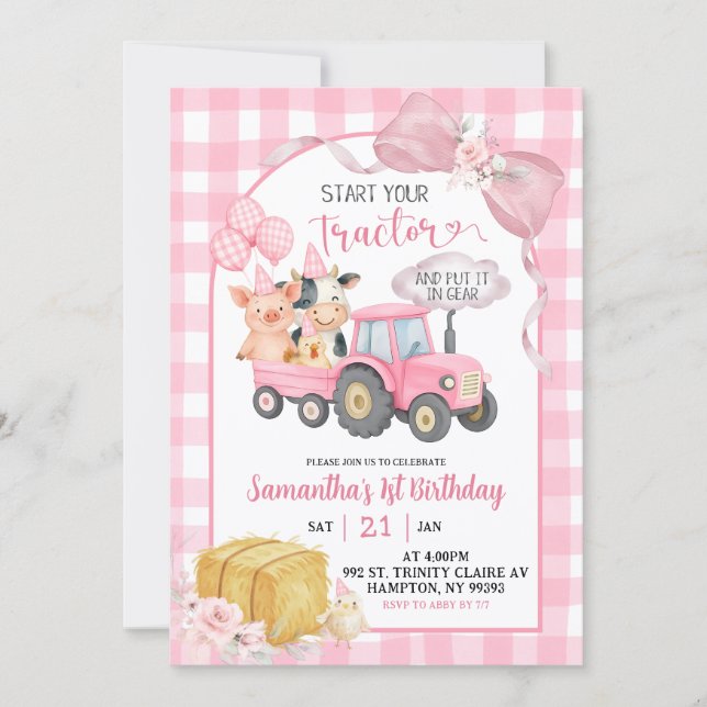 Convites Pink Start Your Tractor Farm Animals Birthday (Frente)