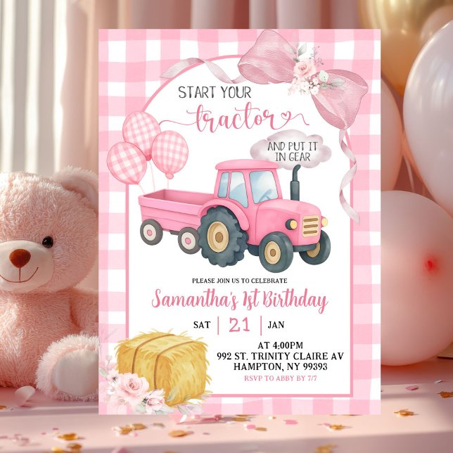 Convites Pink Start Your Tractor Farm Theme Girl Birthday (Criador carregado)